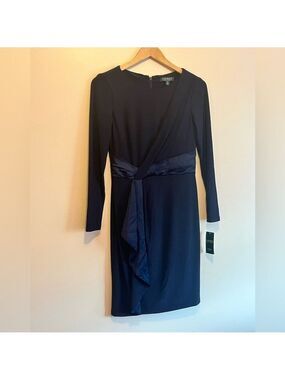 NWT Lauren Ralph Lauren LRL Navy Blue Long Sleeve Dress faux wrap satin sash